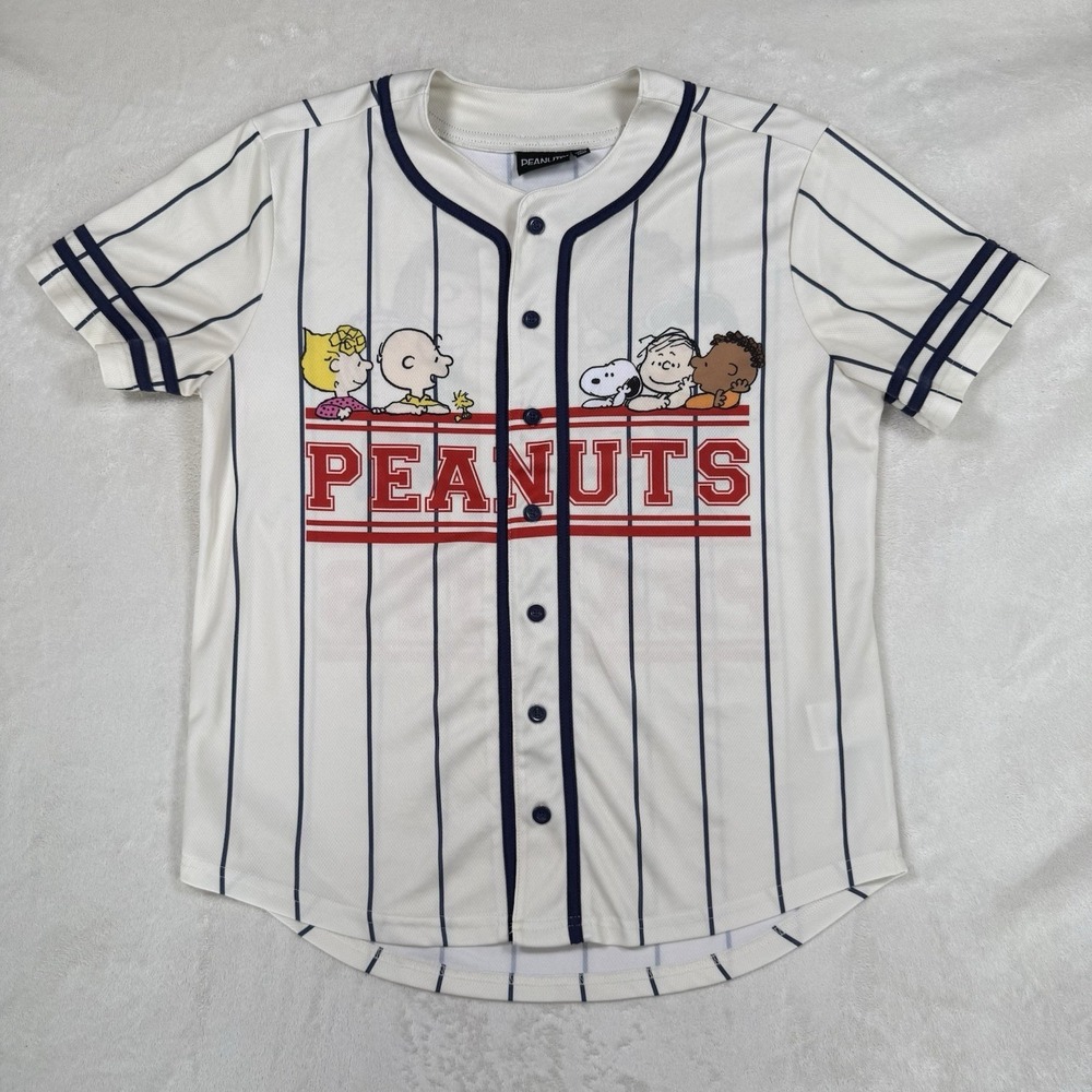 Peanuts Gang Pinstripe Baseball Jersey Shirt Large Off White Cream
